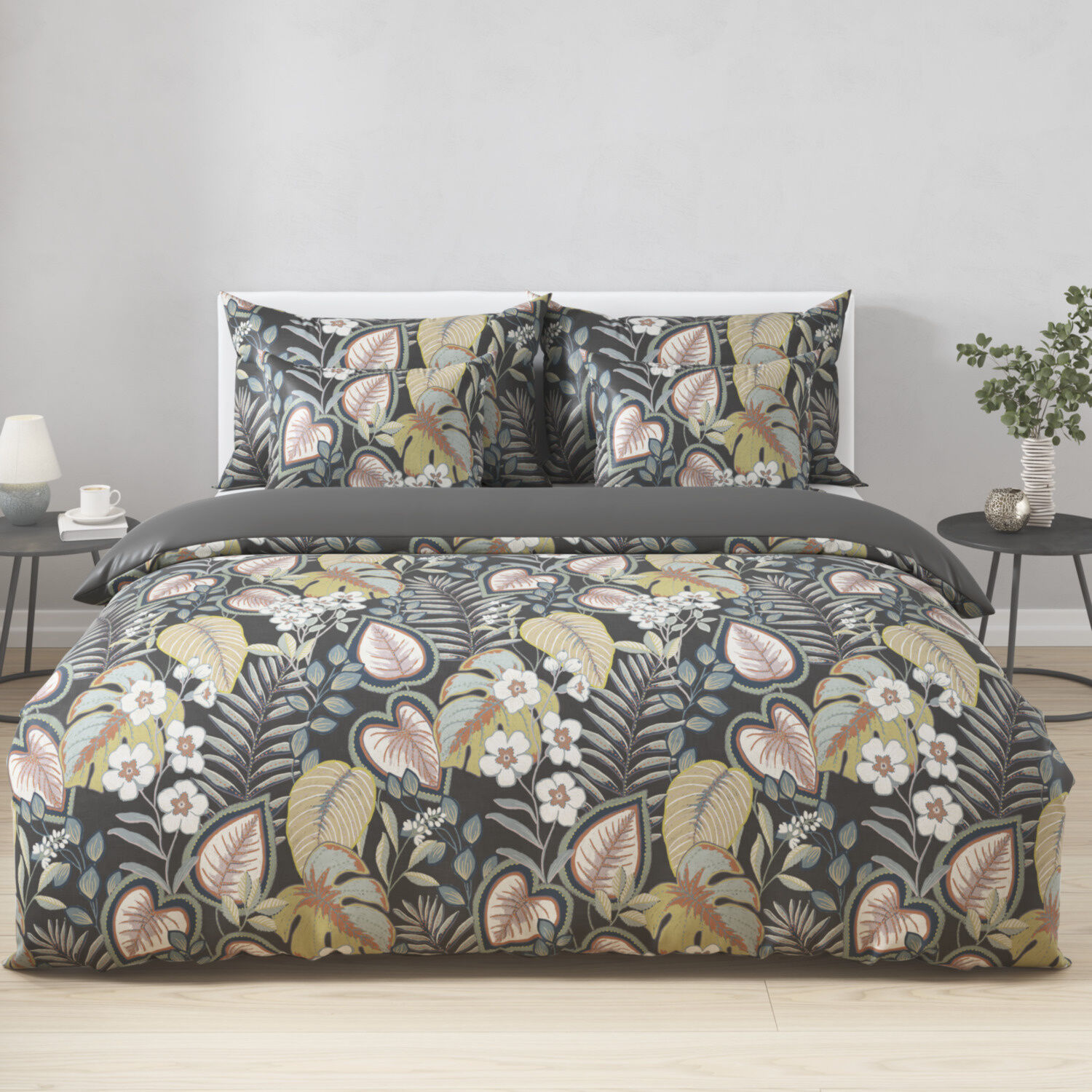 Exotische Bettwäsche mit Blättern , anthrazit